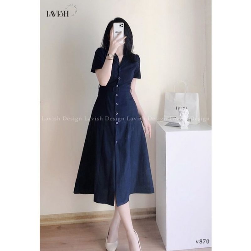 Váy công sở xanh than thắt đai eo