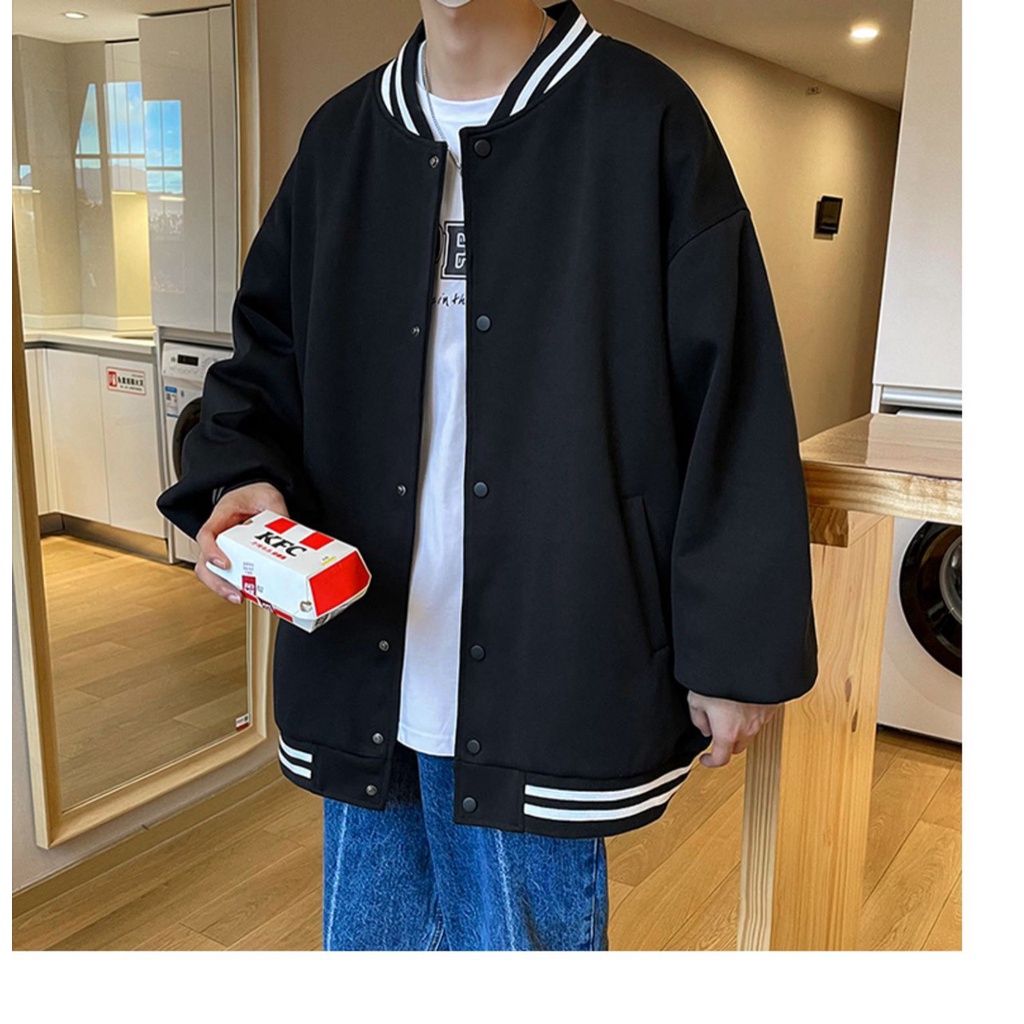 Áo bomber unisex trơn chất kaki 2 lớp dày dặn - Áo khoác bóng chày ullzang, màu đen