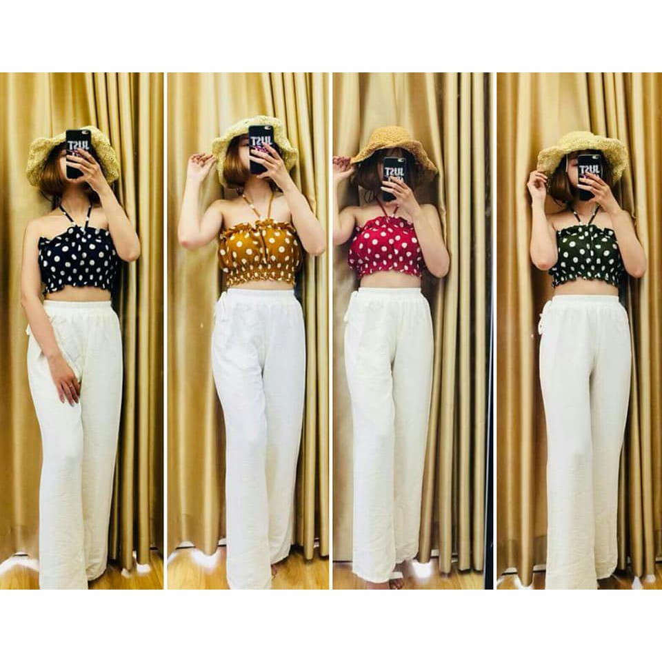 Quần suông ống rộng vải đũi, màu trắng đen, thích hợp đi biển, mặc cùng áo crop top (hình thật)