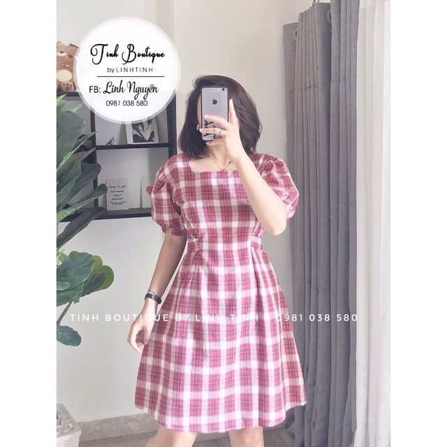 [Mã WARN20 giảm 20k đơn 150k] ĐẦM CARO CỔ U TAY PHỒNG | BigBuy360 - bigbuy360.vn