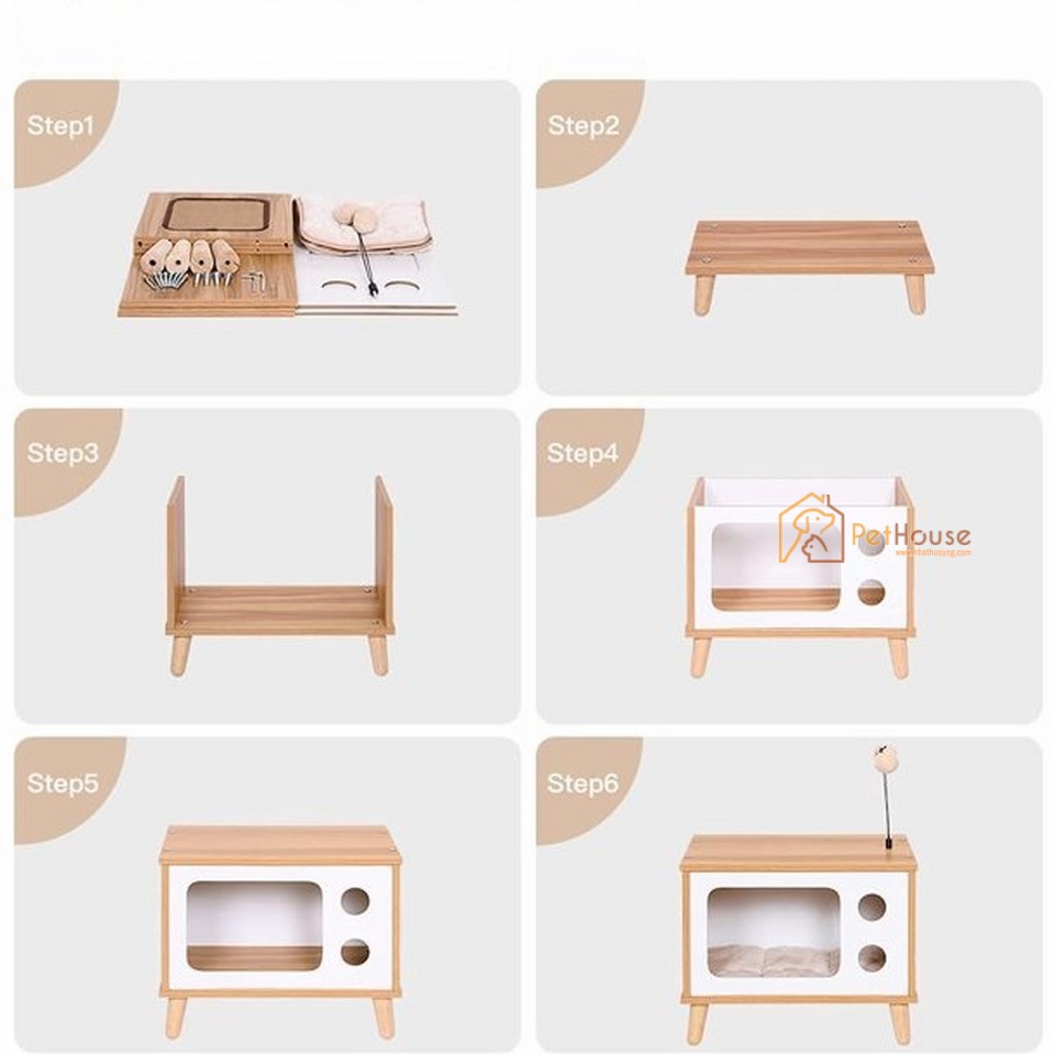 Nhà gỗ cho mèo hình tivi hiện đại sản xuất bởi pethouse chân gỗ hiện đại
