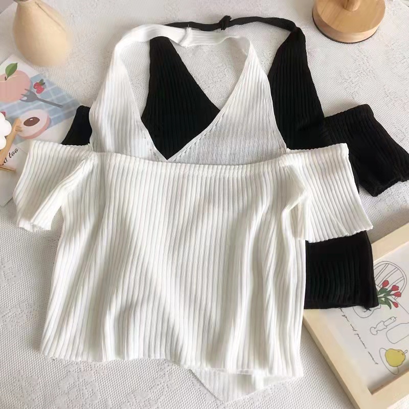 SUXI Áo Croptop Dệt Kim Tay Ngắn Cổ Chữ V Thiết Kế Trễ Vai Thời Trang Mùa Hè Mới Cho Nữ