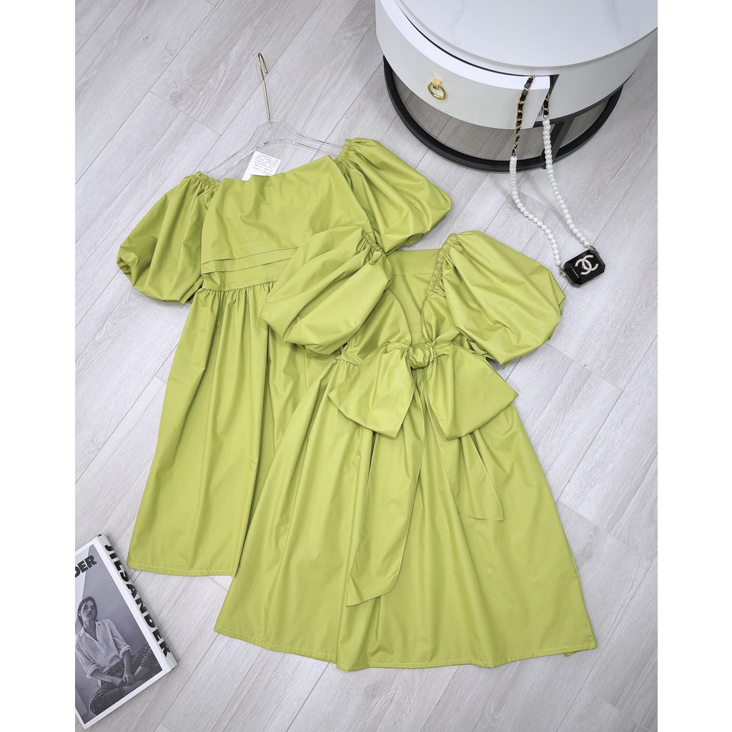 Váy babydoll Xanh cốm thắt nơ sau lưng cổ Vuông tay bồng dáng xòe hàng thiết kế sang chảnh dễ thương | BigBuy360 - bigbuy360.vn