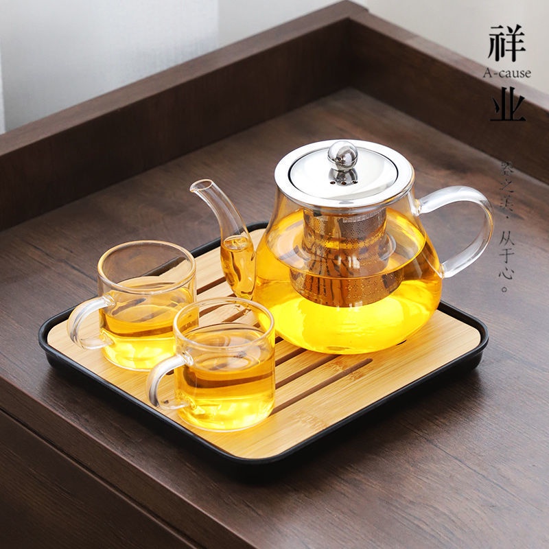 Bộ ấm trà thủy tinh Xiangye hộ gia đình trọn giữ gìn sức khỏe có tách máy pha chịu nhiệt cao khay đenyb