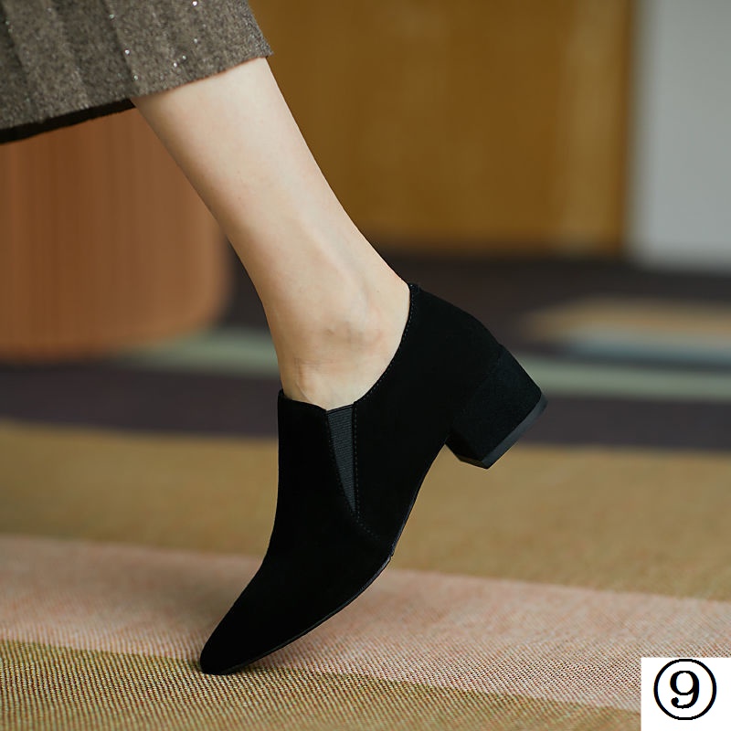 Giày Búp Bê Mũi Nhọn Gót Thấp Dày Dặn Màu Đen Phong Cách Anh Quốc Thời Trang Cho Nữ