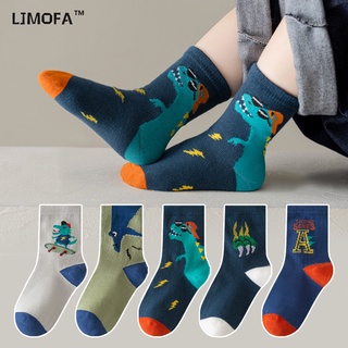 LJMOFA KIDS 5 cặp phù hợp 1-12 tuổi bé trai vớ bông cartoon khủng long mô hình cậu bé vớ trong hơi thở, hấp thụ mồ hôi mềm mại, ấm áp và linh hoạt sinh viên trẻ em tất tất trẻ em bán buôn