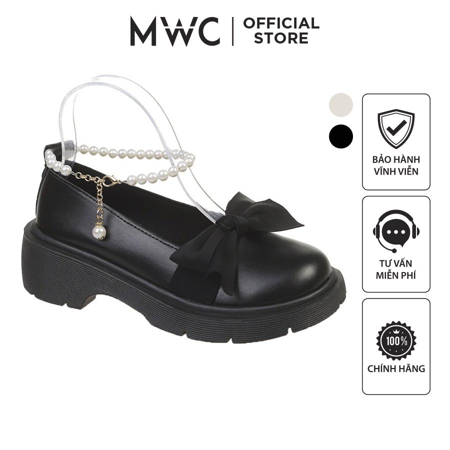 Giày MWC 2273 - Giày Lolita Nữ Quai Ngọc Mũi Đính Nơ, Giày Búp Bê Đế Cao Phong Cách Hàn Quốc