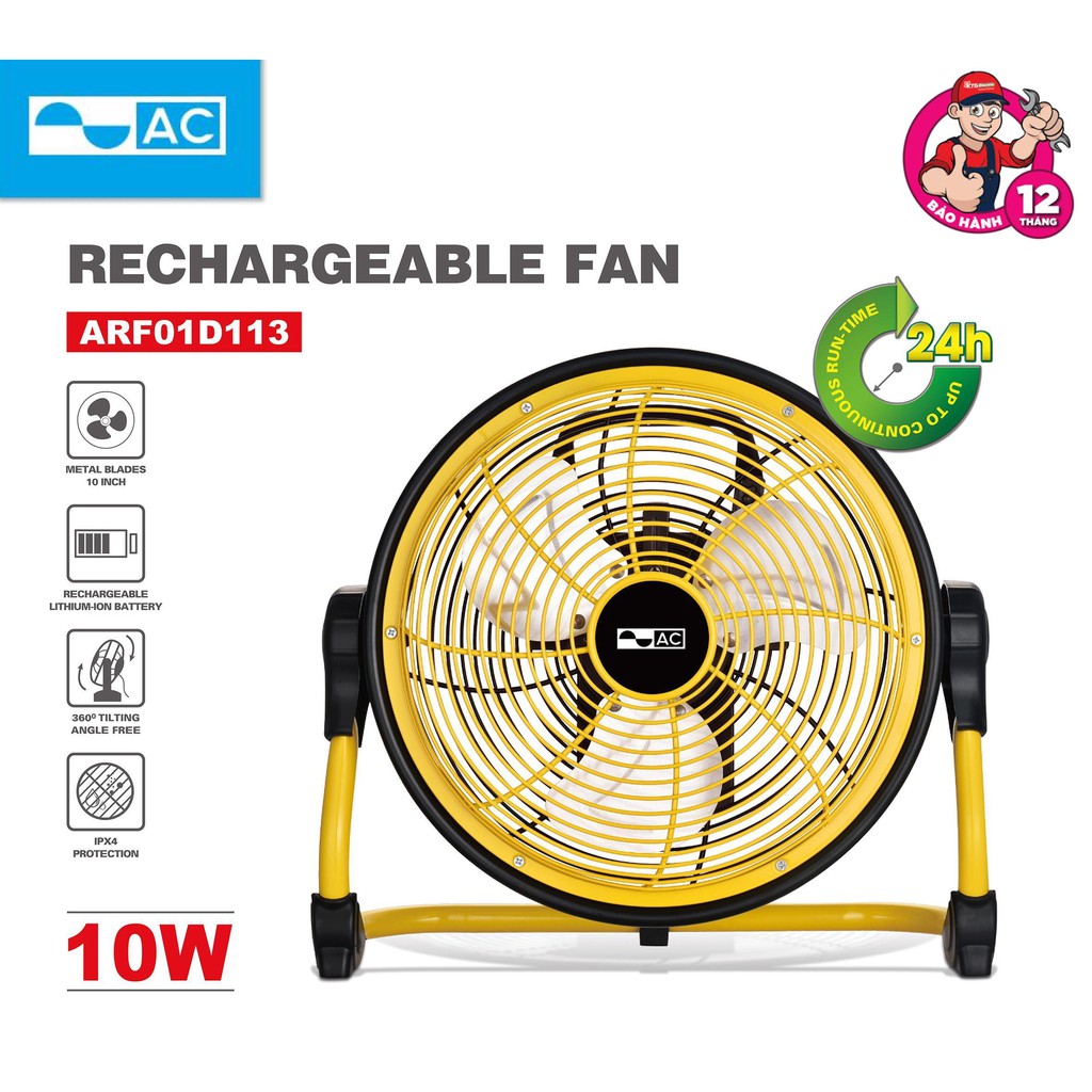 Quạt tích điện công nghiệp công suất AC công suất 10W, cánh 10 inch, pin Lithium-ion 7500mAh, chống nước IPX4 ARF01D113