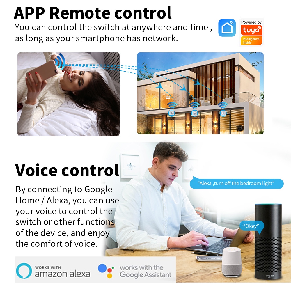 Công tắc điều khiển từ xa thông minh chiều với bảng mạch tự động kết nối wifi cho Alexa Google Home Tuya 16A