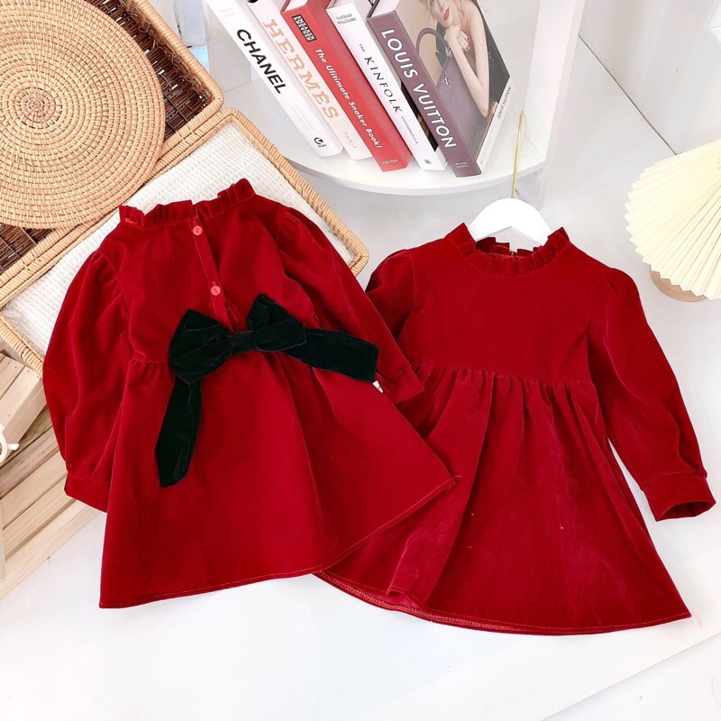 (xả) váy nhung đỏ thiết kế vải nhung cao cấp cho bé gái (10-22kg)