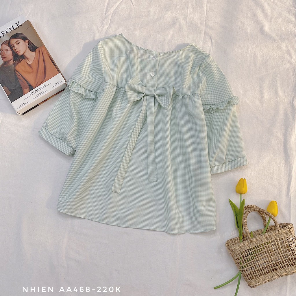 Áo babydoll nữ NHIENVINTAGE hoa nhí nơ lưng AA468