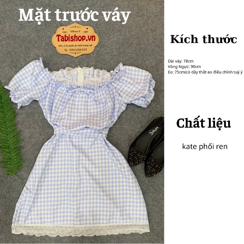 Váy nữ trễ vai caro xanh phối ren mặc được 2 kiểu bánh bèo- Đầm tiểu thư ulzzang dáng xòe dự tiệc