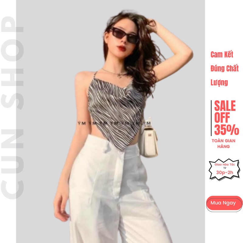 Áo yếm cổ đổ họa tiết ngựa vằn cột nơ lưng may kèm mod ngực cho nữ dưới 55kg chất phi bóng lụa cao cấp-C37