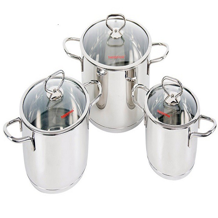 Bộ Nồi Inox 304 Cao Cấp 3 Đáy Nắp Kính Happy Cook Delux HC06DLG