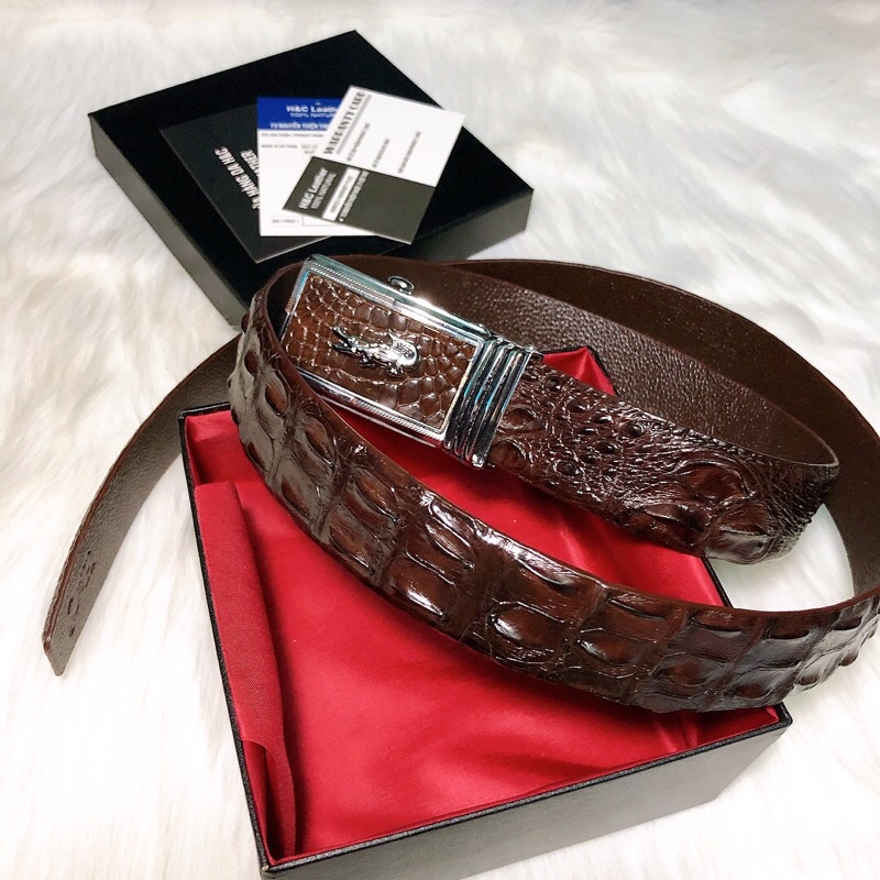 Dây thắt lưng da cá sấu thật 100%, 3.3 cm, màu nâu socola, da lưng cá sấu, đầu nịt tự động