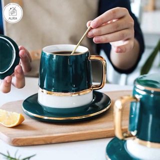 Bộ Cốc Kèm Đĩa Sứ Uống Trà, Cafe 300ml - Hộp Sang Trọng - Kèm Thìa Đồng