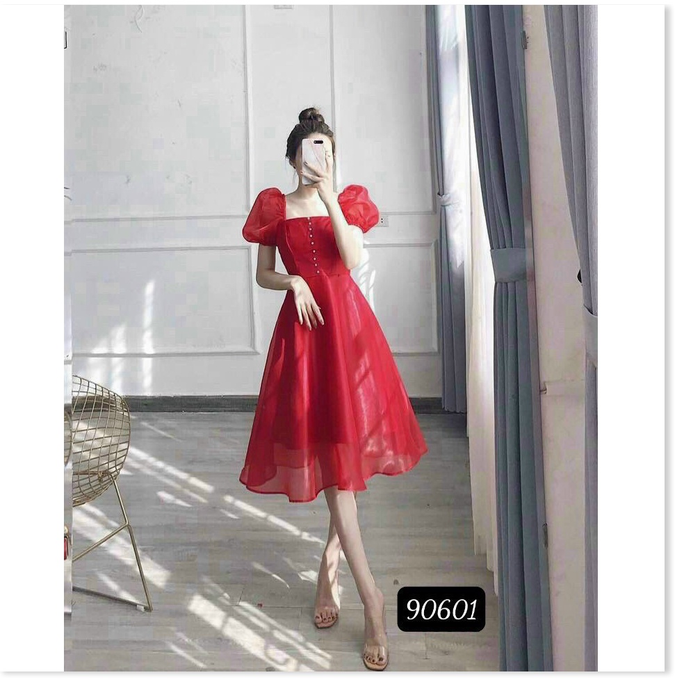 Đầm phối voan kiếng có nút sang trọng , tôn dáng cho các phu nhân KME FASHION