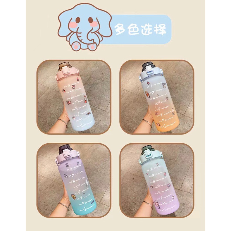 Bình Nước Dễ Thương Cute Có Vạch Báo Giờ Uống Nước, Bình Nước Tập Gym - Tặng 10 Stiker