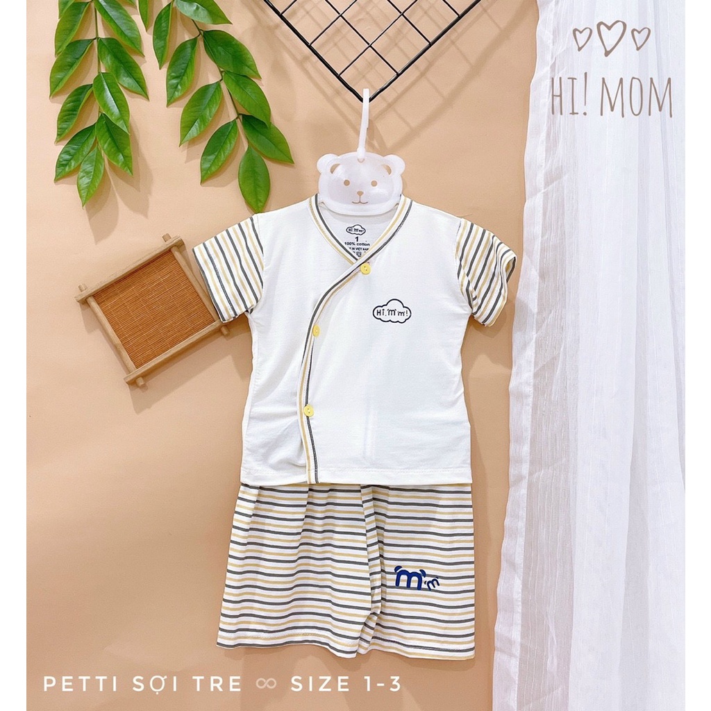 Đồ bộ cộc tay thun lạnh Hi mom cài lệch phối áo trắng tay kẻ quần kẻ cho các bạn nhỏ 3-8kg