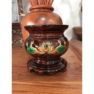 Bát hương bằng gỗ, Lư hương gỗ thờ cúng khắc nổi hoa sen cao 13cm