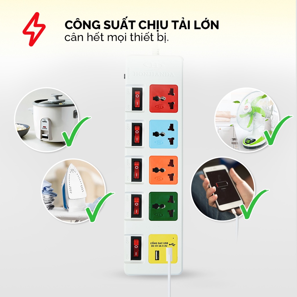 Ổ cắm điện đa năng Có USB Honjianda Mã 06 Nhiều công tắc Dây 3m/5m - an toàn chống quá tải