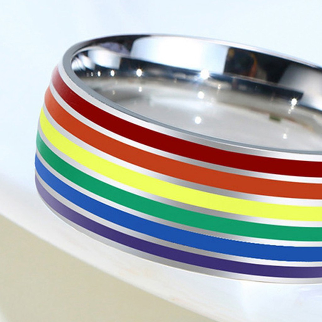 8mm Stainless Steel Enamel Rainbow LGBT Pride Ring US  7 Size  17.4mm