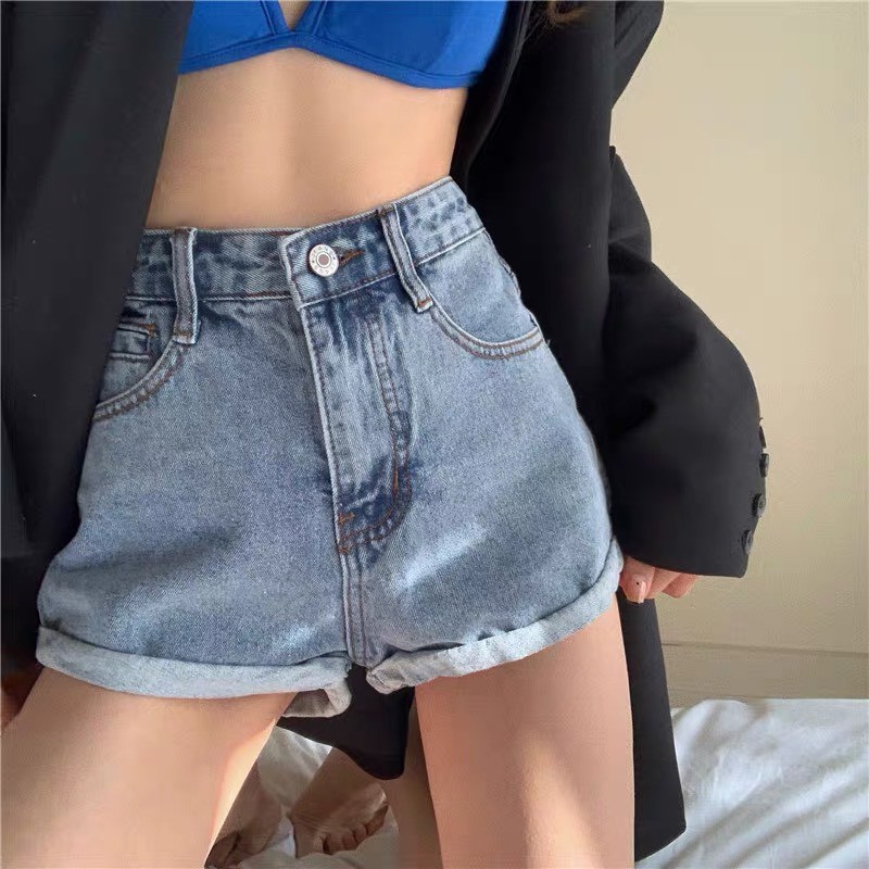 Quần đùi nữ BigSize lưng cao trên rốn, co dãn mạnh, xăn lai, màu xanh nhạt trơn đơn giản dành cho người mập 3865