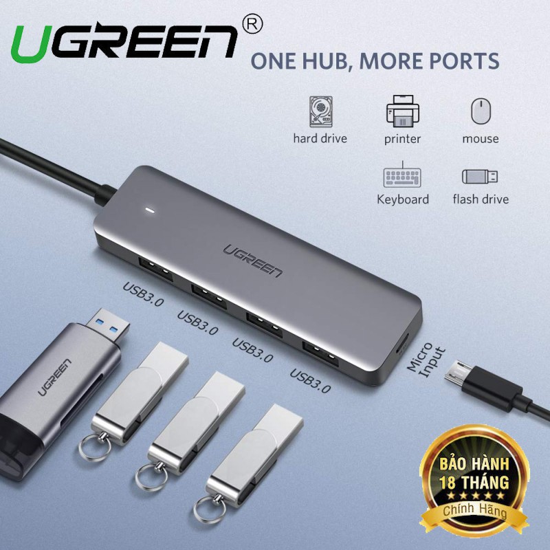 Hub chia USB 3.0 4 cổng Chính Hãng UGREEN 50768 CM207,vỏ nhôm+Cổng Trợ Nguồn micro USB