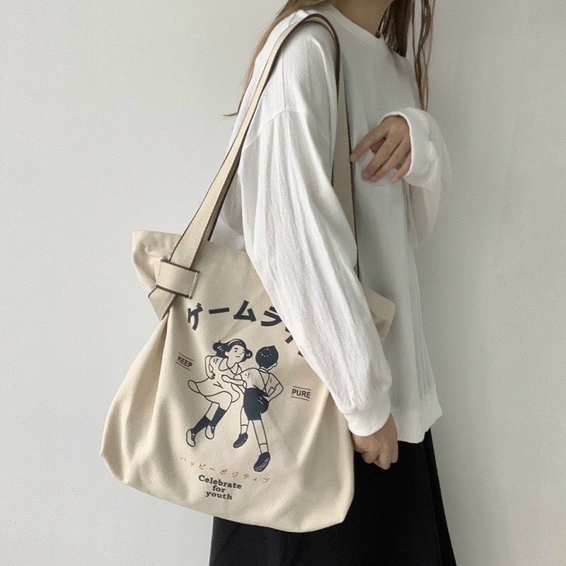 Túi tote vải canvas đeo chéo đeo vai phong cách Nhật bản họa tiết độc đáo đáng yêu