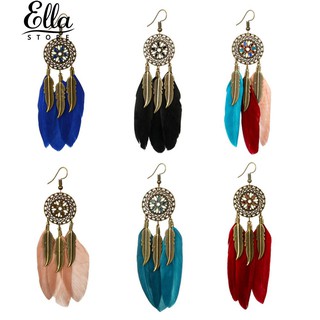 Đôi khuyên tai móc kiểu dáng Dreamcatcher phối lông vũ và lá kim loại sành điệu