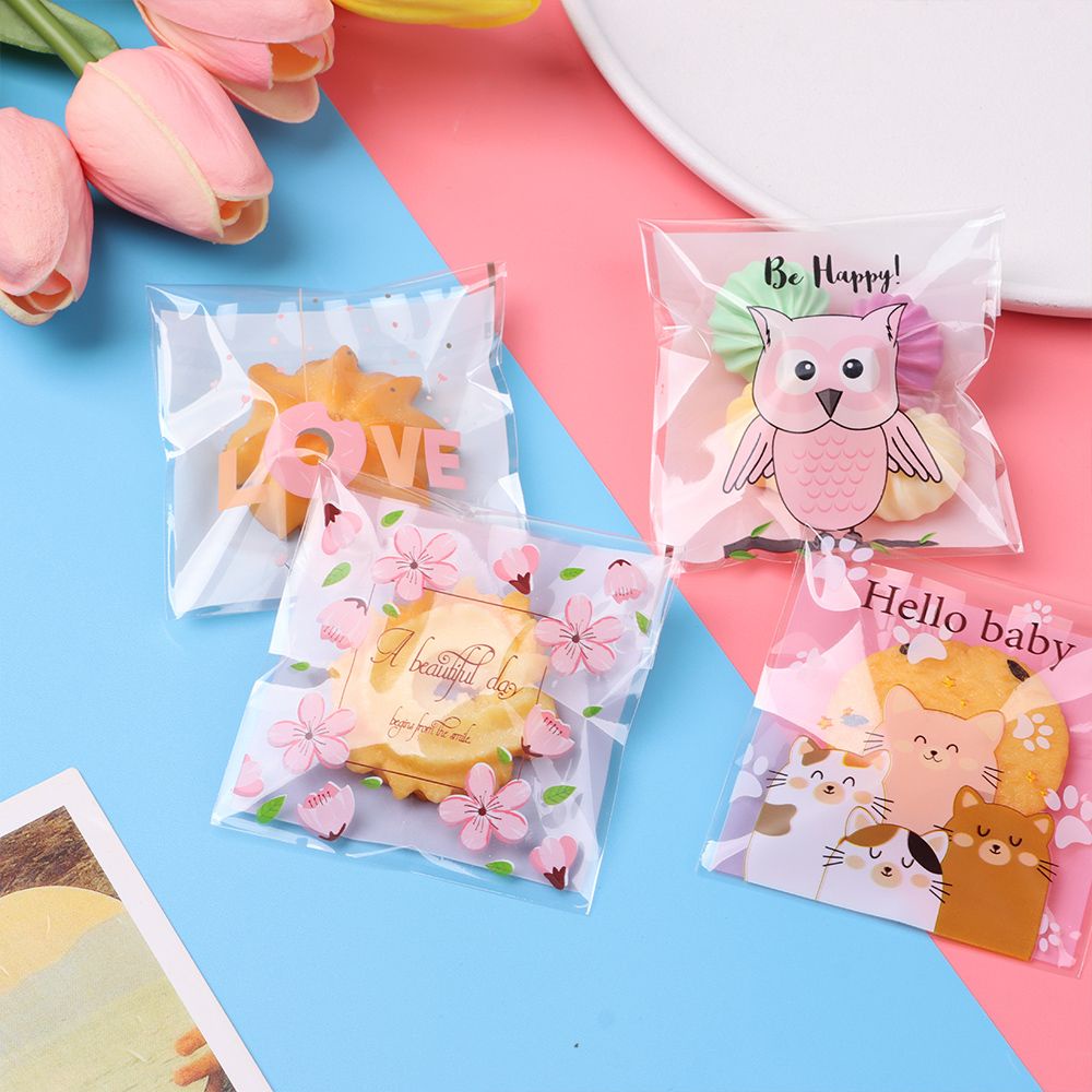 Set 100 túi opp kích thước 7x7cm in họa tiết hoạt hình dễ thương tự dính dùng để đựng bánh quy/ quà tặng
