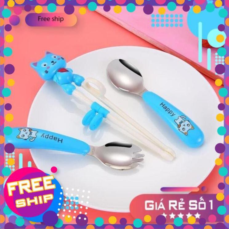 [Giadungonline] [Bán giá Rẻ] Set thìa dĩa đũa tập ăn inox 304 hình mèo dễ thương cho bé, sét thìa đũa ăn dặm cho bé