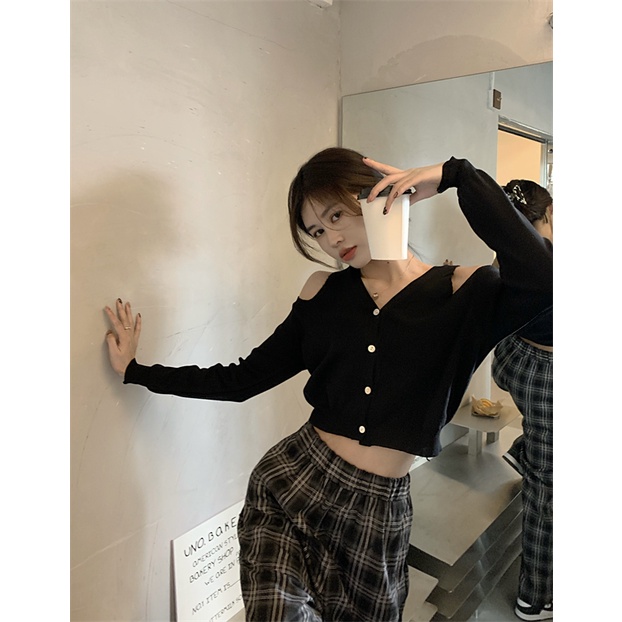 Áo Cardigan Dệt Kim Tay Dài Hở Vai Thiết Kế Mới 2021 Dành Cho Nữ