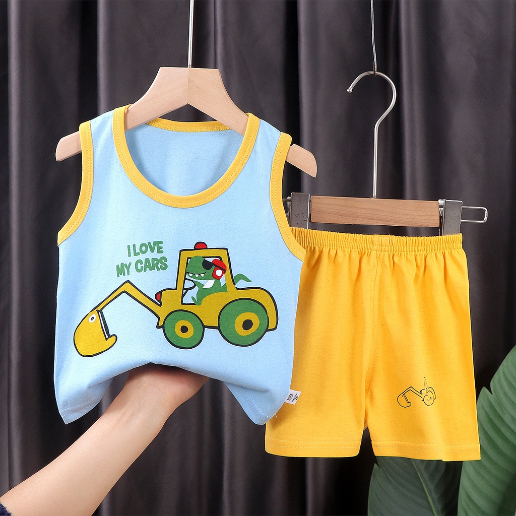 Set áo sát nách + quần short vải cotton thoáng khí phong cách Hàn Quốc cho bé