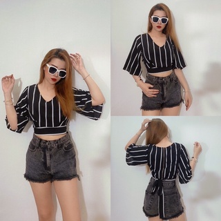Áo croptop cát iris tay lỡ cột dây eo sọc trắng đen - size l - 0777