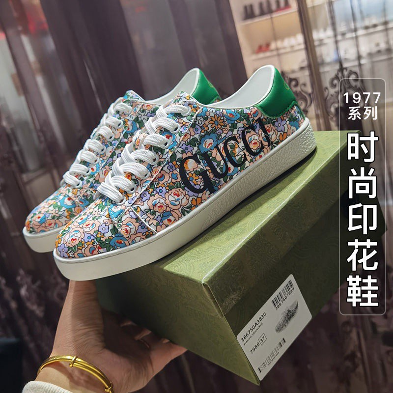 Gucci Mùa Xuân Mới In Giày Thể Thao G Hoa Trắng Giày Đế Bằng Mát Mẻ Ren Lên Tất Cả Các Trận Đấu Phon