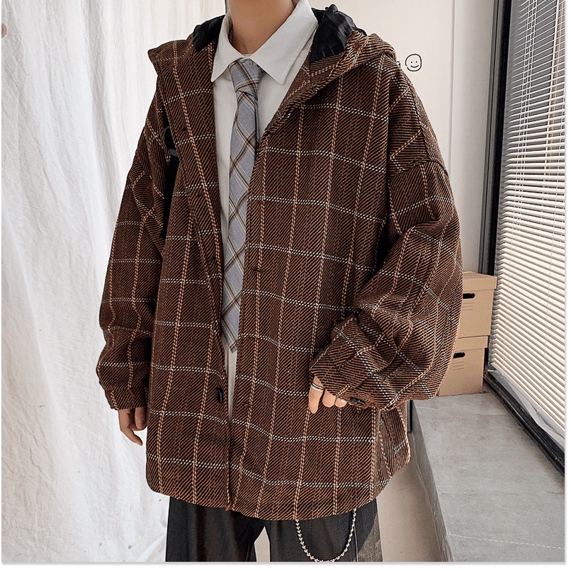 Áo khoác len kẻ sọc nam mùa thu đông phiên bản Hàn Quốc có mũ rộng