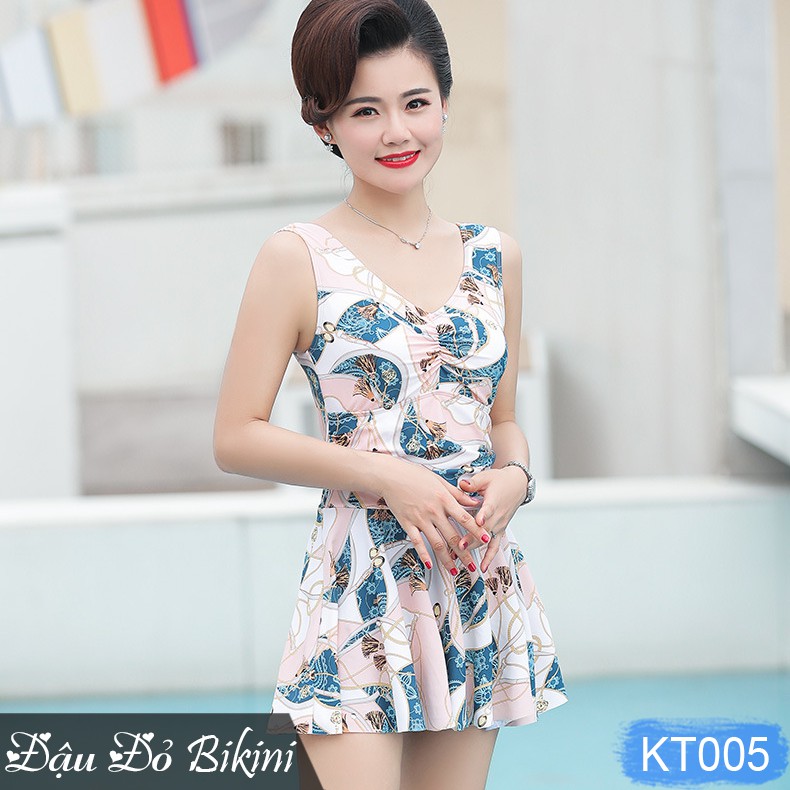Bộ bơi trung niên dáng váy cộc tay, quần sooc đùi rời, màu sắc trang nhã phù hợp cho các mẹ &amp; các bà, chất đẹp | KT005