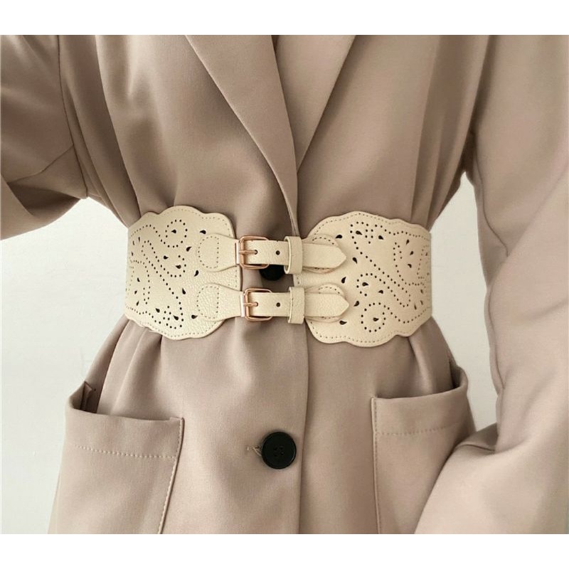 Thắt lưng nữ dây nịt đai váy nịt bụng eo thon gọn corset  bản rộng da PU co giãn khóa đôi điêu khắc Vintage thanh lịch