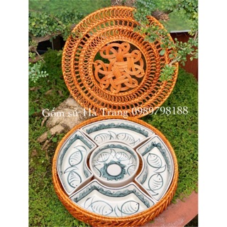 Khay mứt bánh kẹo đồ ăn gốm sứ Bát Tràng cao cấp vẽ cá lóc đen