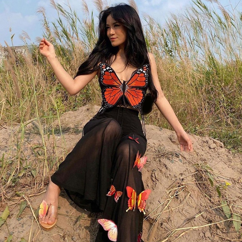 Áo croptop hai dây cổ yếm thêu hình bướm hở lưng gợi cảm cho nữ