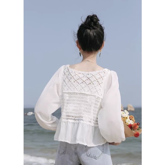 Áo voan tay dài cổ V họa tiết thêu phong cách retro cổ điển xinh xắn cho nữ/Áo Gile dệt kim Quảng Châu cao cấp