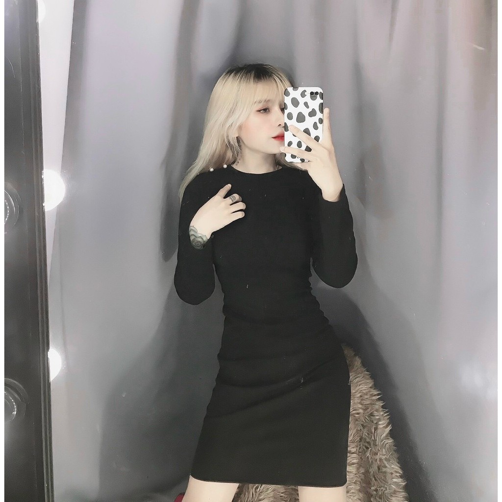 đầm thun ôm body tôn dáng hot hit đính hạt trên vai xinh tay dài ảnh thật màu xinh