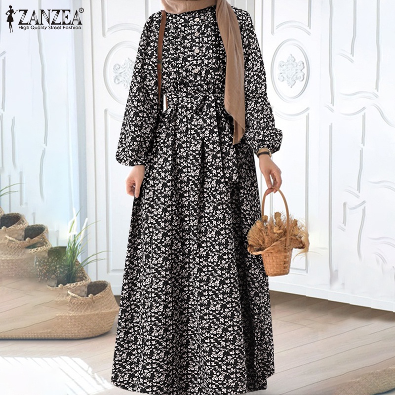 Đầm dài Zanzea tay phồng cổ tròn in họa tiết hoa phong cách cổ điển dành cho nữ
