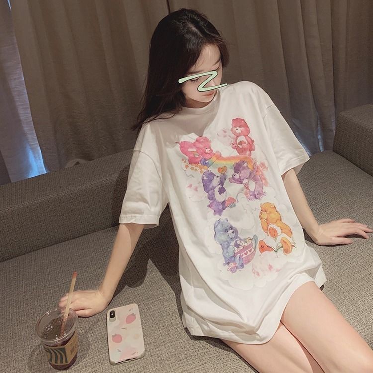 Blue bear t-shirt women's short-sleeved loose top net red ins super fire cotton casual mid-length section