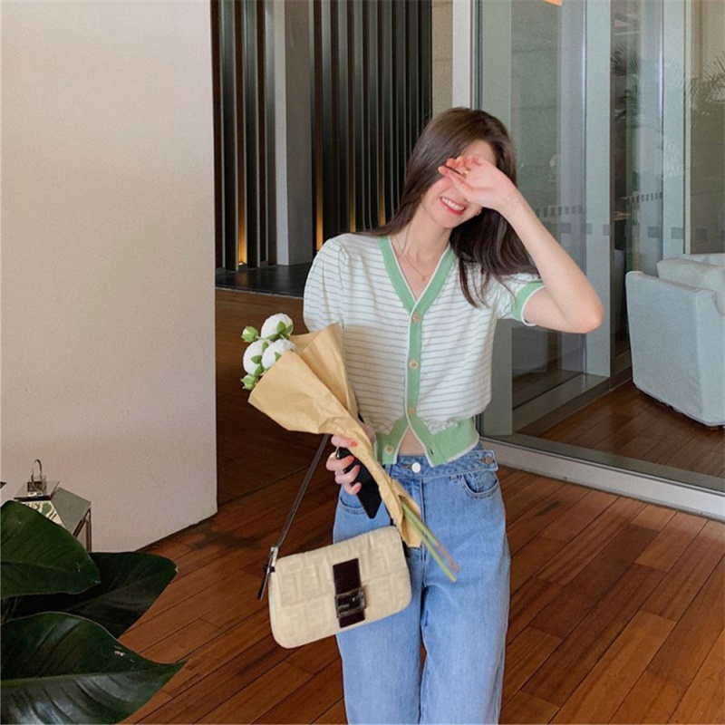 Áo Cardigan Ngắn Tay Kẻ Sọc Màu Sắc Trơn Phong Cách Retro Hàn Quốc