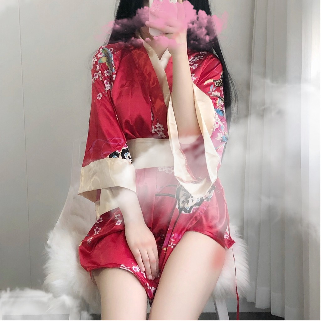 Set đồ ngủ cosplay người hầu xinh xắn, kimono Nhật Bản cosplay sexy trang phục truyền thống hai màu đỏ, đen