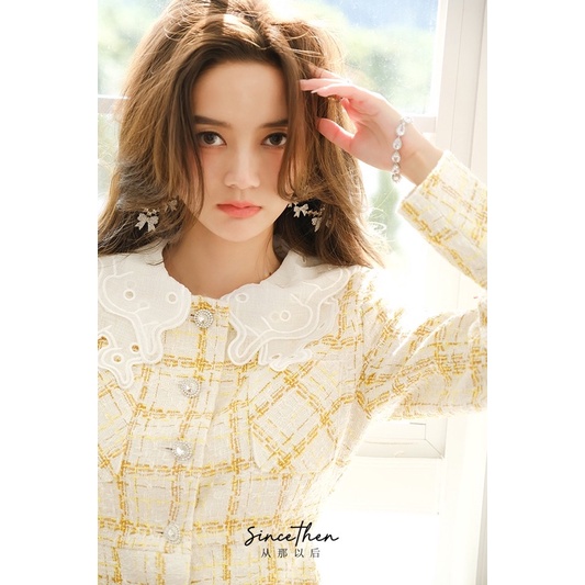 Váy dạ vải tweed màu vàng tiểu thư cao cấp