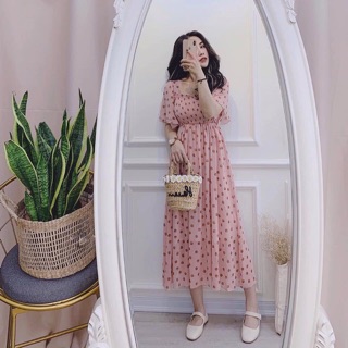 VÁY MAXI CHẤM BI HỒNG