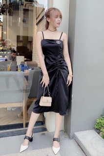 Đầm hai dây phi lụa rút tà